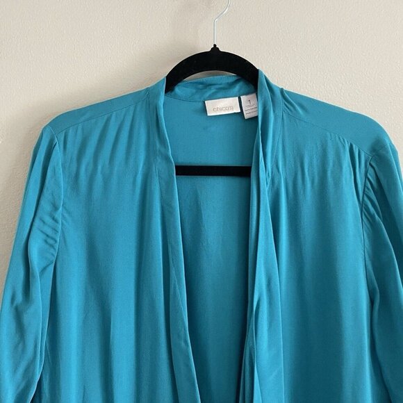 Chicos Women SZ 1/Small Turquoise Blue Open Drape Front Zip Pocket Blazer Jacket - Picture 4 of 8